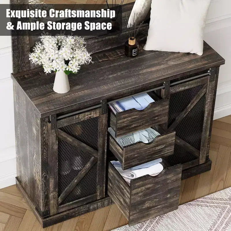 Porte-manteau avec casiers à chaussures et 7 patères, et 3 tiroirs pour couloir, banc de vestiaire avec rangement à chaussures, meuble d'entrée, chêne foncé
