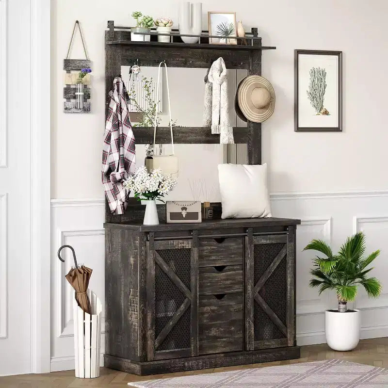 Porte-manteau avec casiers à chaussures et 7 patères, et 3 tiroirs pour couloir, banc de vestiaire avec rangement à chaussures, meuble d'entrée, chêne foncé
