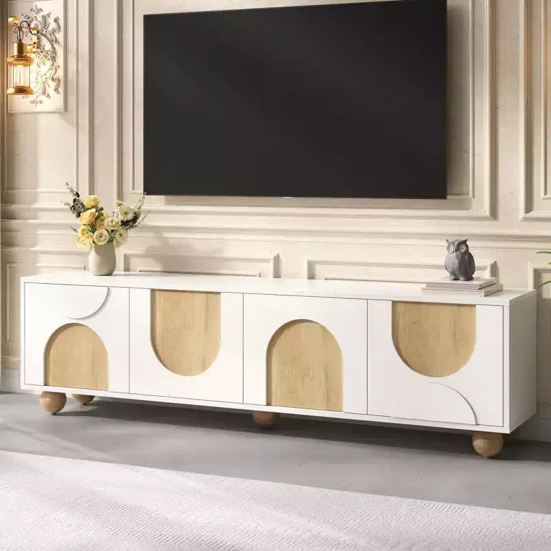 Meuble TV de ferme CLIHOME pour téléviseurs jusqu'à 75 pouces, console média de style crème avec dispositif de rebond, centre de divertissement avec 5 pieds en bois massif