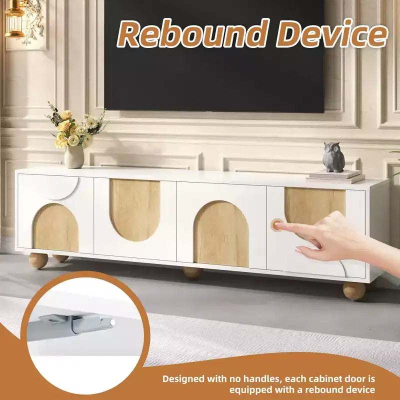 Meuble TV de ferme CLIHOME pour téléviseurs jusqu'à 75 pouces, console média de style crème avec dispositif de rebond, centre de divertissement avec 5 pieds en bois massif