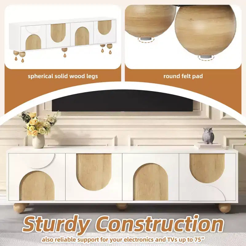 Meuble TV de ferme CLIHOME pour téléviseurs jusqu'à 75 pouces, console média de style crème avec dispositif de rebond, centre de divertissement avec 5 pieds en bois massif