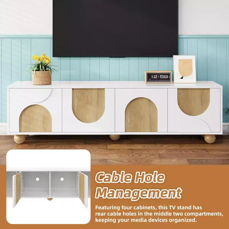Meuble TV de ferme CLIHOME pour téléviseurs jusqu'à 75 pouces, console média de style crème avec dispositif de rebond, centre de divertissement avec 5 pieds en bois massif