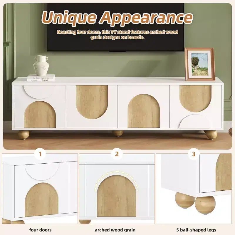 Meuble TV de ferme CLIHOME pour téléviseurs jusqu'à 75 pouces, console média de style crème avec dispositif de rebond, centre de divertissement avec 5 pieds en bois massif