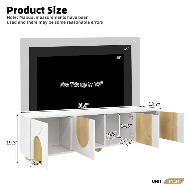 Meuble TV de ferme CLIHOME pour téléviseurs jusqu'à 75 pouces, console média de style crème avec dispositif de rebond, centre de divertissement avec 5 pieds en bois massif