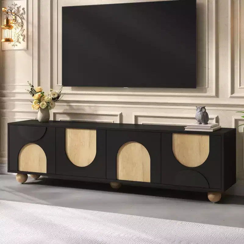 Meuble TV de ferme CLIHOME pour téléviseurs jusqu'à 75 pouces, console média de style crème avec dispositif de rebond, centre de divertissement avec 5 pieds en bois massif