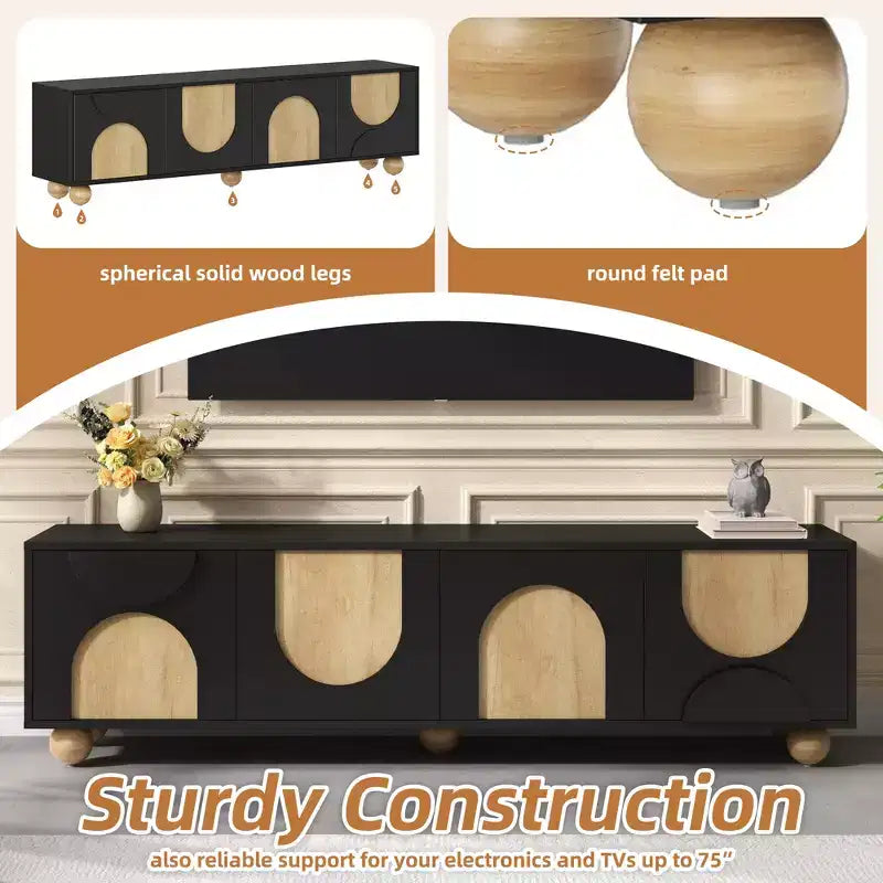 Meuble TV de ferme CLIHOME pour téléviseurs jusqu'à 75 pouces, console média de style crème avec dispositif de rebond, centre de divertissement avec 5 pieds en bois massif