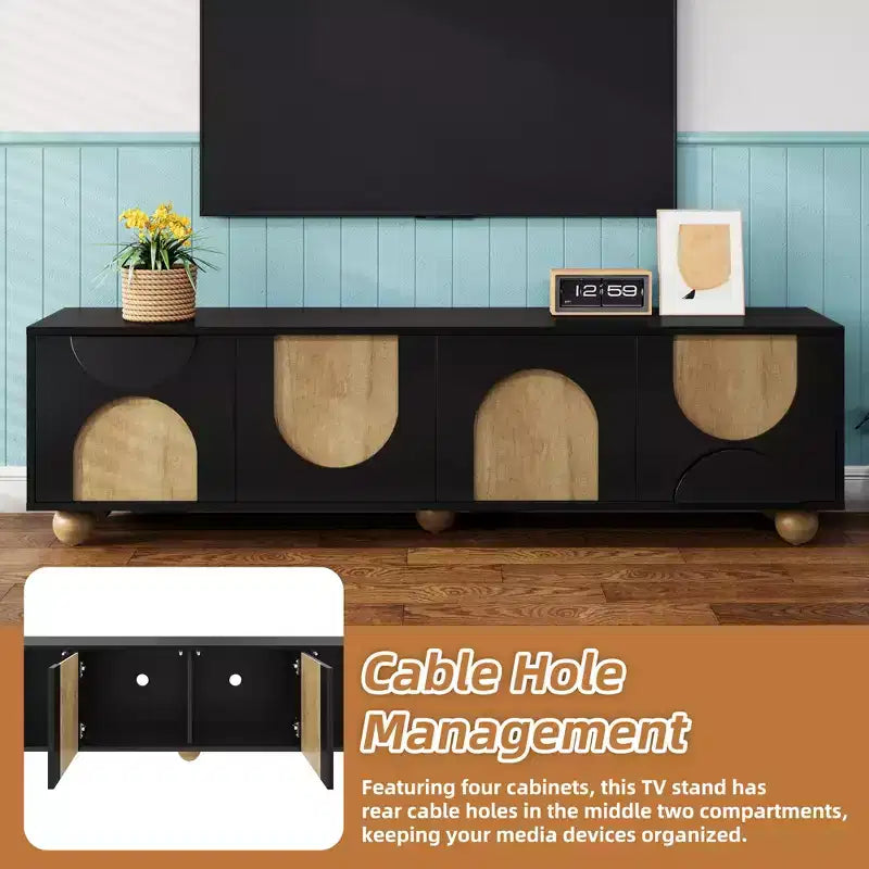 Meuble TV de ferme CLIHOME pour téléviseurs jusqu'à 75 pouces, console média de style crème avec dispositif de rebond, centre de divertissement avec 5 pieds en bois massif