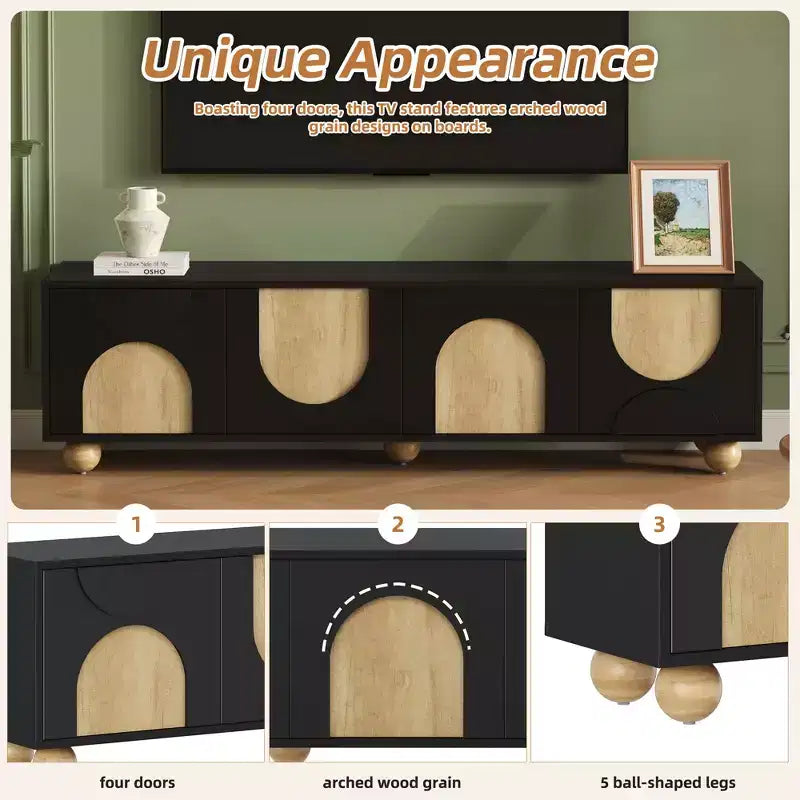 Meuble TV de ferme CLIHOME pour téléviseurs jusqu'à 75 pouces, console média de style crème avec dispositif de rebond, centre de divertissement avec 5 pieds en bois massif