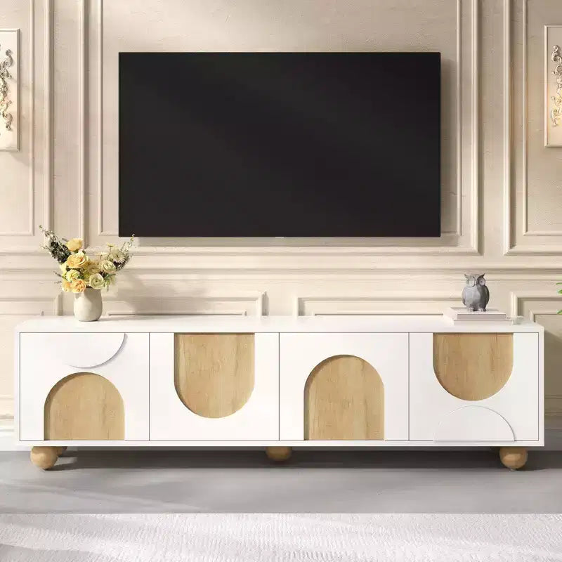 Meuble TV de ferme CLIHOME pour téléviseurs jusqu'à 75 pouces, console média de style crème avec dispositif de rebond, centre de divertissement avec 5 pieds en bois massif