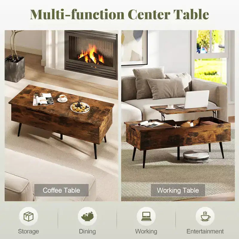 Table basse relevable Costway avec rangement, table d'appoint multifonctionnelle pour salon, marron rustique