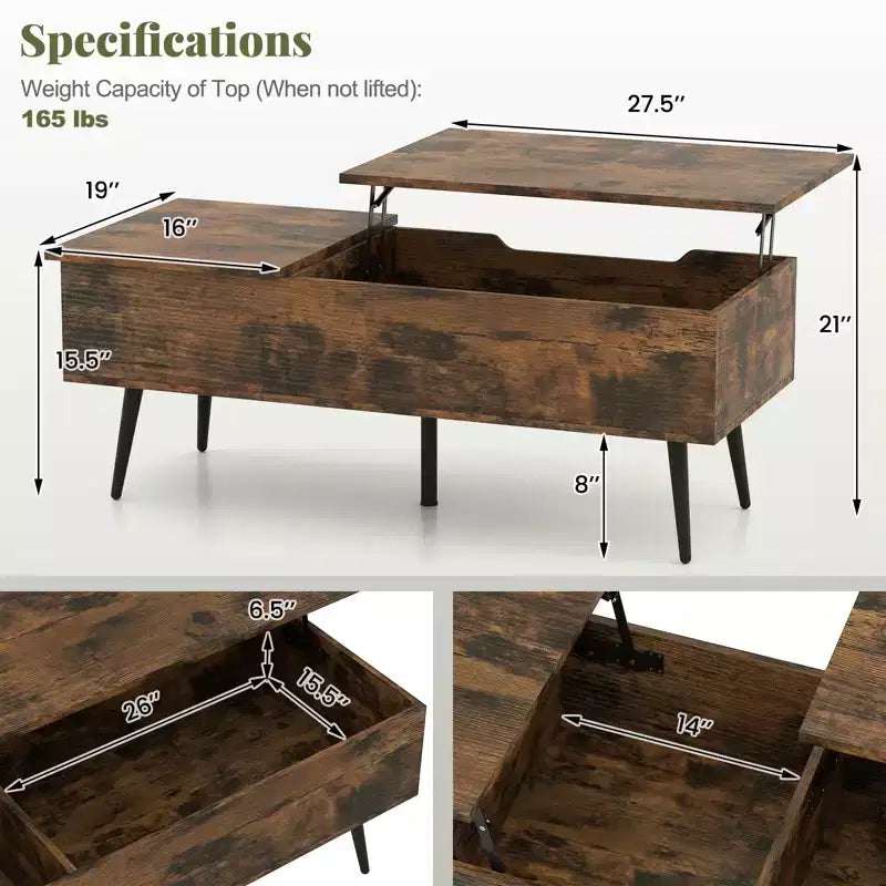 Table basse relevable Costway avec rangement, table d'appoint multifonctionnelle pour salon, marron rustique