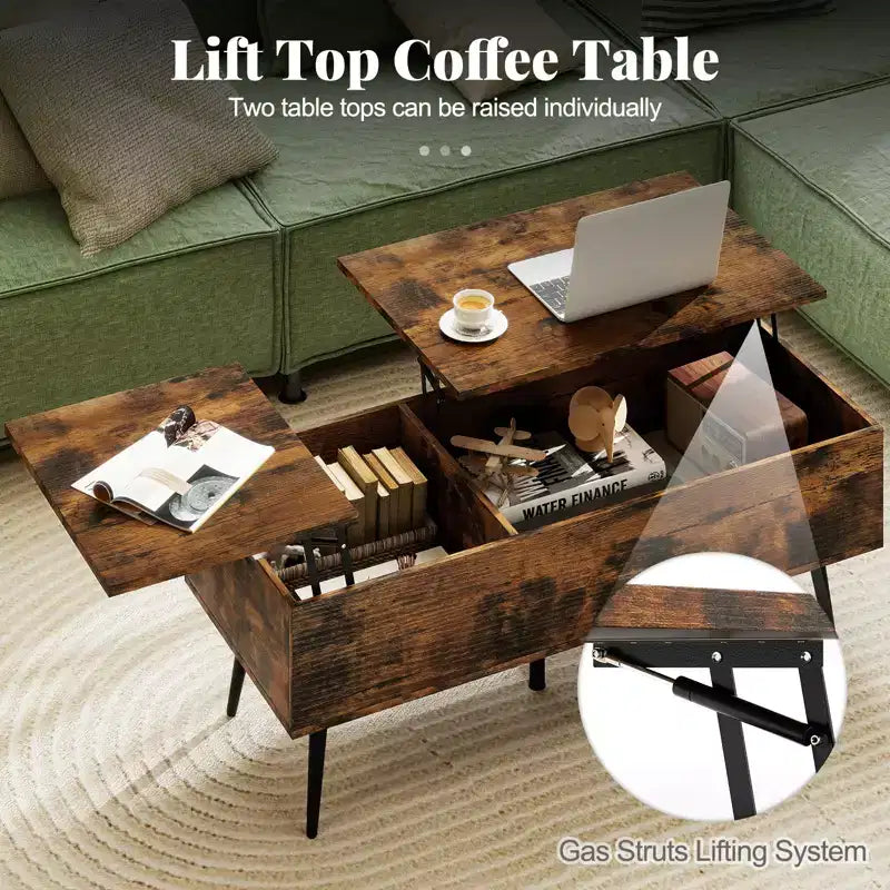 Table basse relevable Costway avec rangement, table d'appoint multifonctionnelle pour salon, marron rustique