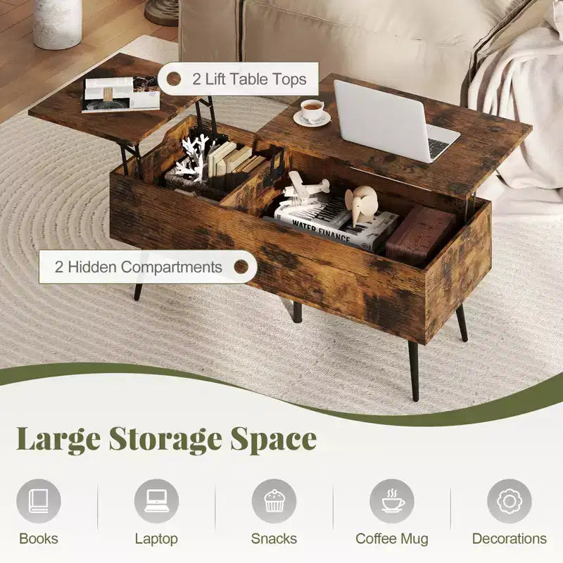 Table basse relevable Costway avec rangement, table d'appoint multifonctionnelle pour salon, marron rustique