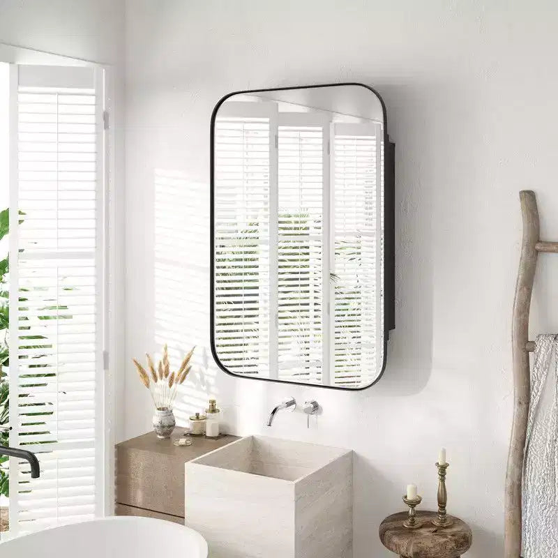 Meuble de salle de bain PexFix 36 x 24 avec miroir, cadre en acier inoxydable et 2 étagères réglables, armoire à pharmacie murale, miroirs rectangulaires encastrés noirs