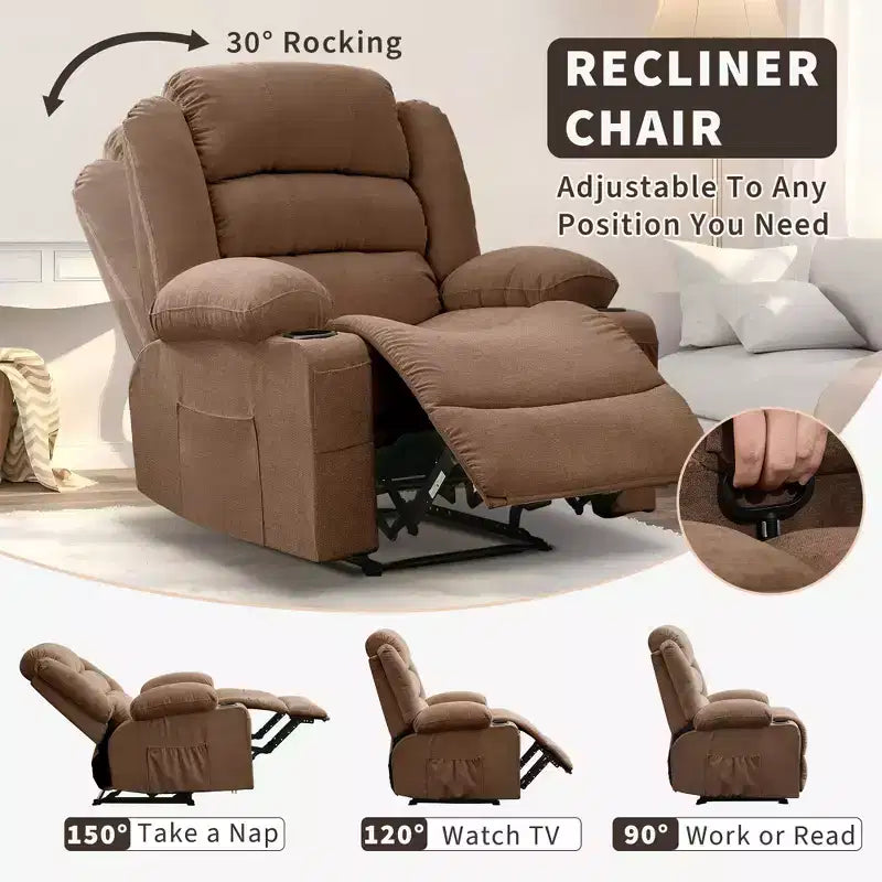 Grand fauteuil inclinable pour adultes, fauteuil inclinable manuel en tissu, canapé inclinable simple et minimaliste avec poches latérales, porte-gobelets