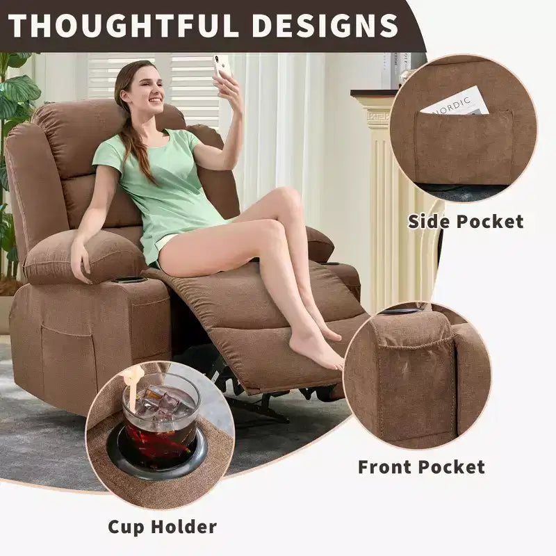 Grand fauteuil inclinable pour adultes, fauteuil inclinable manuel en tissu, canapé inclinable simple et minimaliste avec poches latérales, porte-gobelets