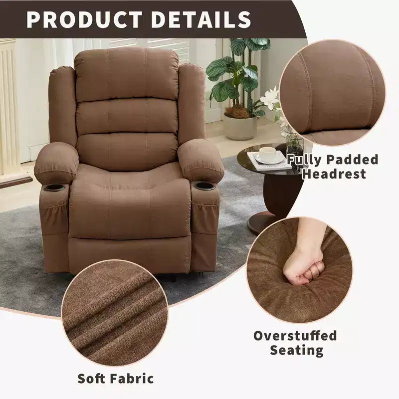 Grand fauteuil inclinable pour adultes, fauteuil inclinable manuel en tissu, canapé inclinable simple et minimaliste avec poches latérales, porte-gobelets