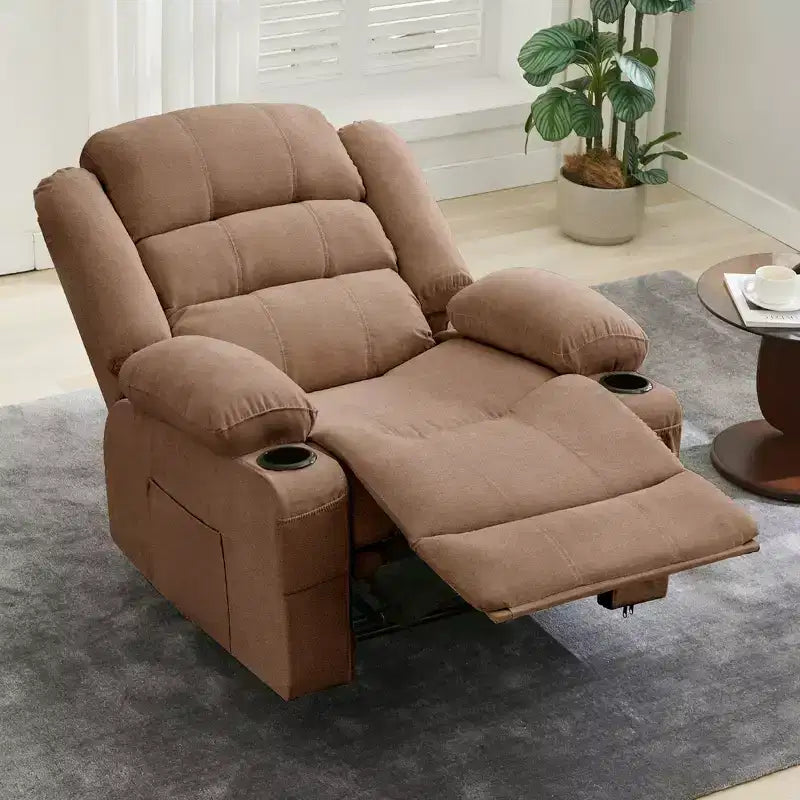 Grand fauteuil inclinable pour adultes, fauteuil inclinable manuel en tissu, canapé inclinable simple et minimaliste avec poches latérales, porte-gobelets