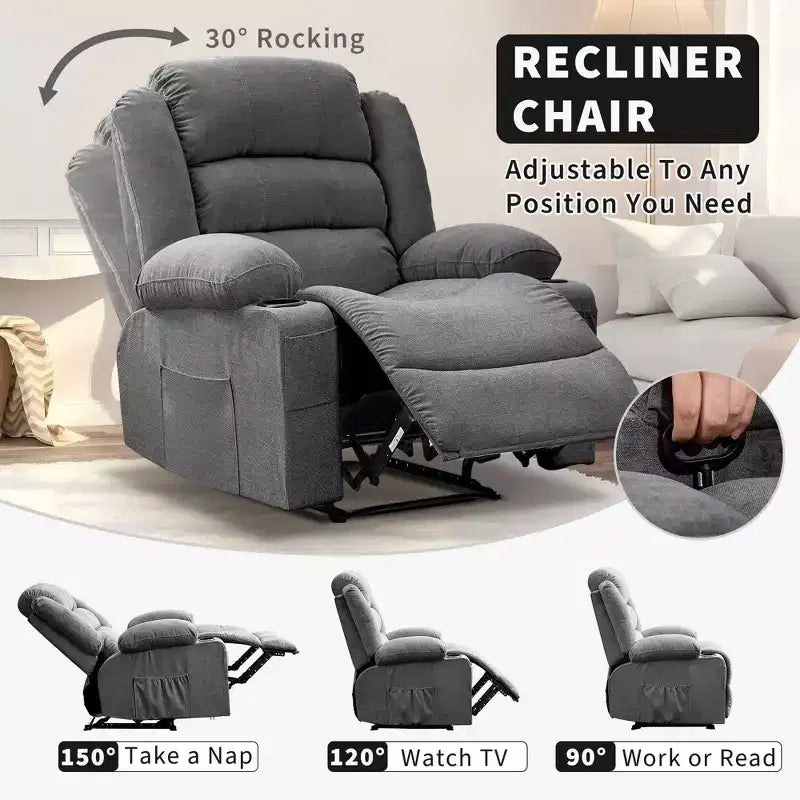 Grand fauteuil inclinable pour adultes, fauteuil inclinable manuel en tissu, canapé inclinable simple et minimaliste avec poches latérales, porte-gobelets