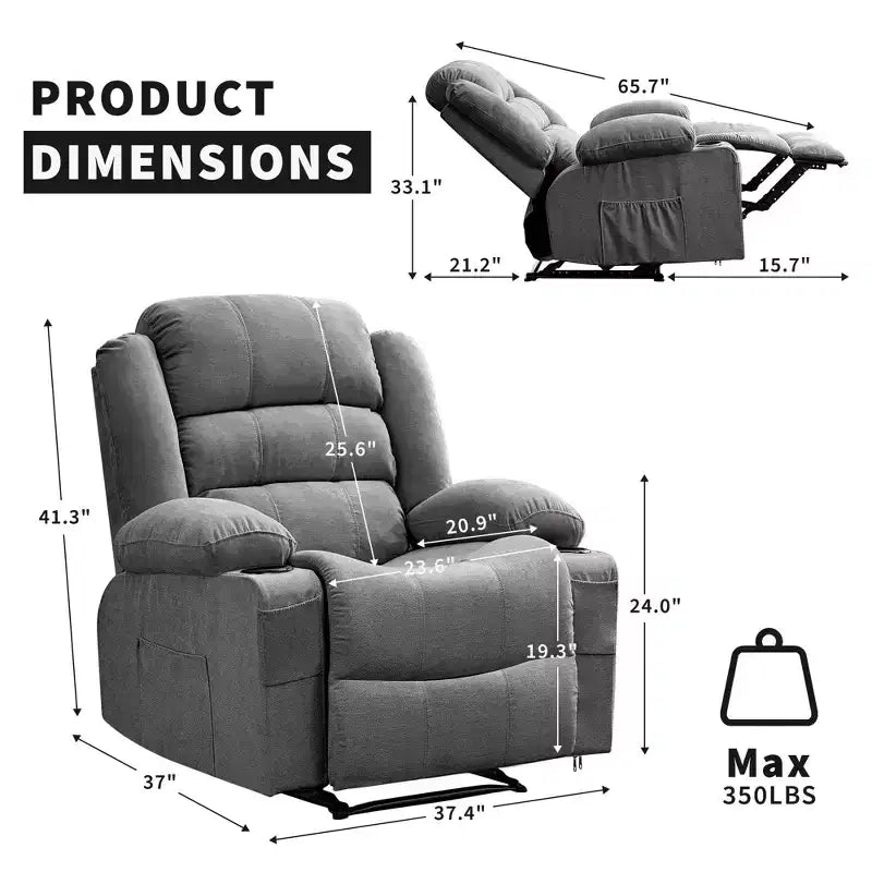 Grand fauteuil inclinable pour adultes, fauteuil inclinable manuel en tissu, canapé inclinable simple et minimaliste avec poches latérales, porte-gobelets
