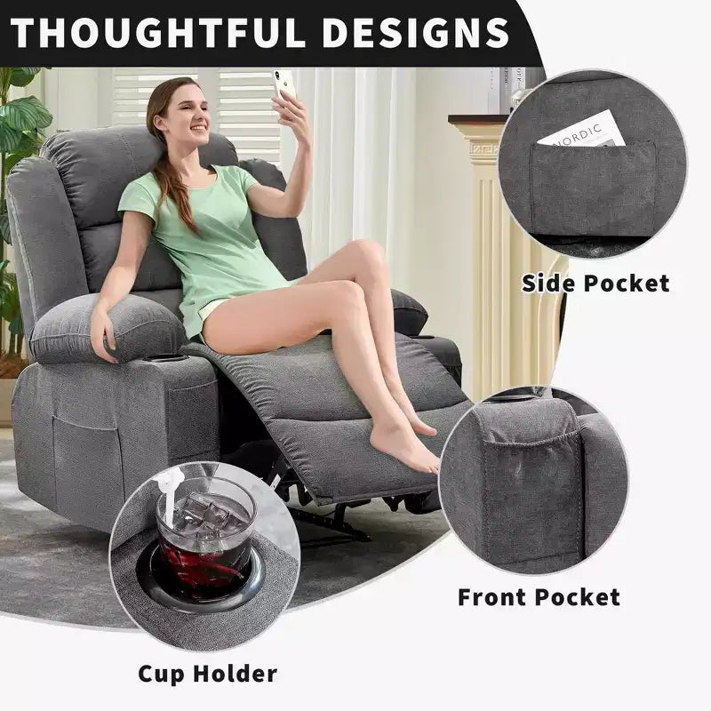 Grand fauteuil inclinable pour adultes, fauteuil inclinable manuel en tissu, canapé inclinable simple et minimaliste avec poches latérales, porte-gobelets