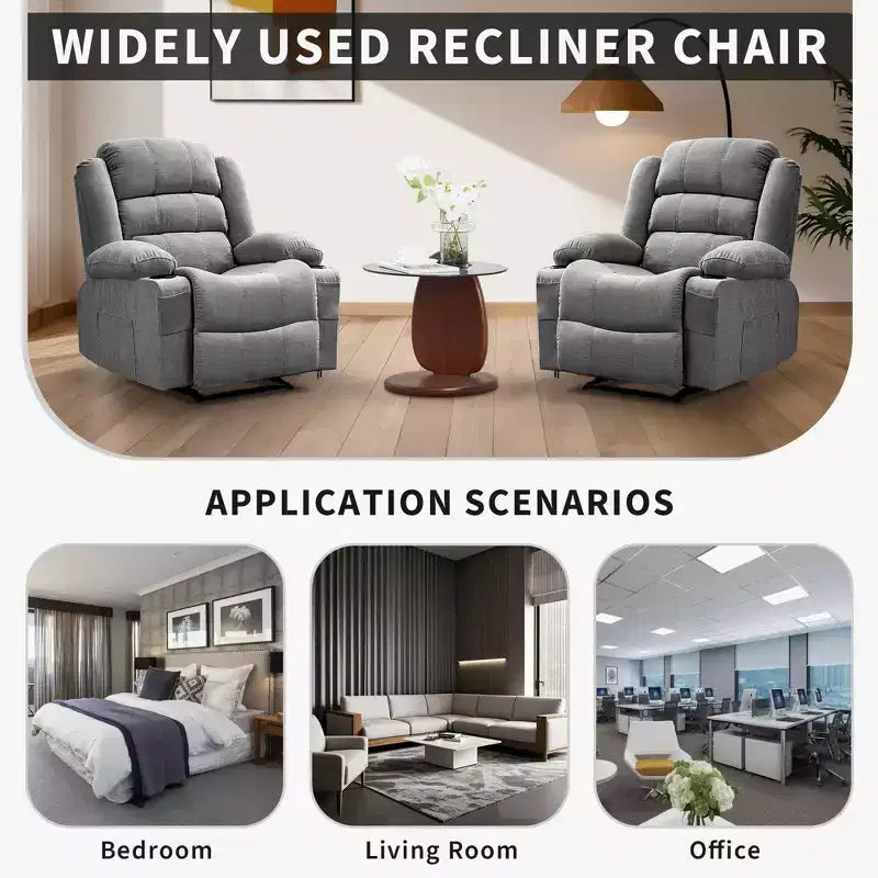 Grand fauteuil inclinable pour adultes, fauteuil inclinable manuel en tissu, canapé inclinable simple et minimaliste avec poches latérales, porte-gobelets