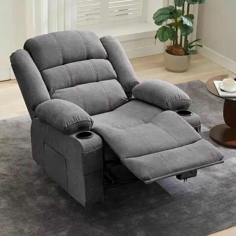 Grand fauteuil inclinable pour adultes, fauteuil inclinable manuel en tissu, canapé inclinable simple et minimaliste avec poches latérales, porte-gobelets