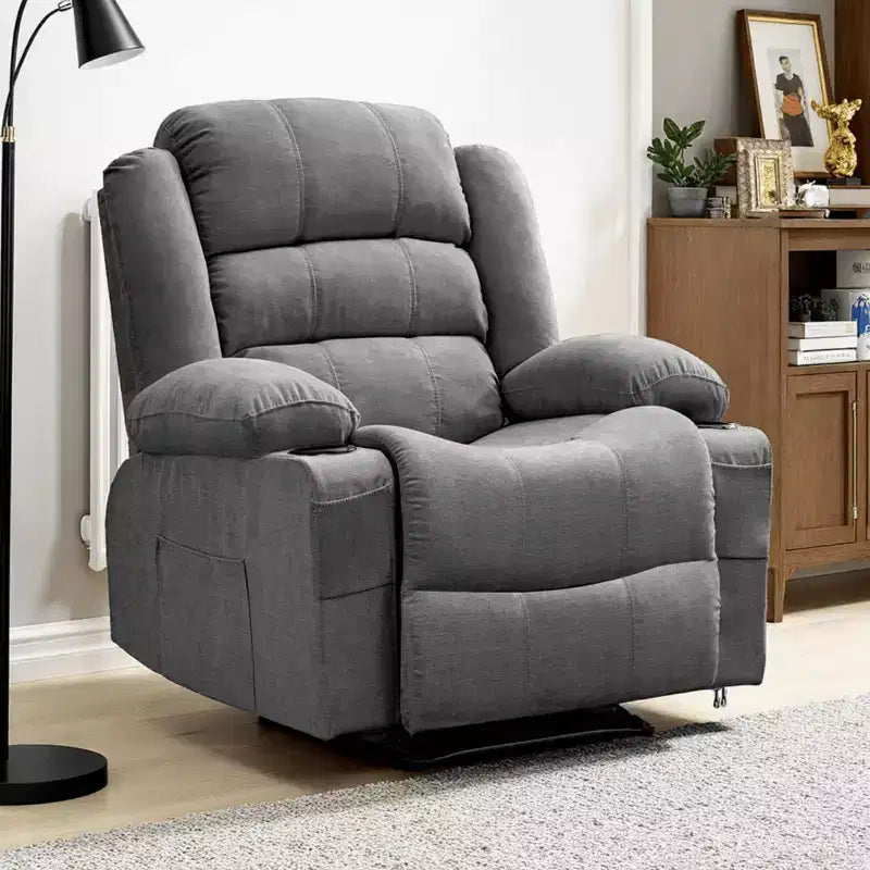 Grand fauteuil inclinable pour adultes, fauteuil inclinable manuel en tissu, canapé inclinable simple et minimaliste avec poches latérales, porte-gobelets