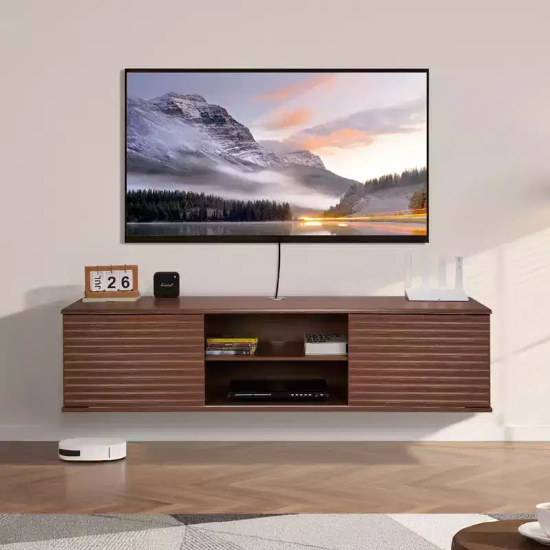 Meuble TV flottant VEVOR, meuble TV mural 60 avec étagère réglable et portes coulissantes, étagère TV flottante 2 niveaux, marron