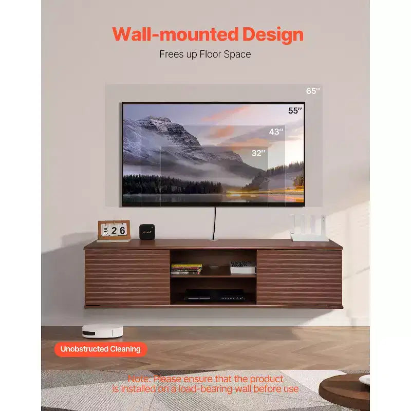 Meuble TV flottant VEVOR, meuble TV mural 60 avec étagère réglable et portes coulissantes, étagère TV flottante 2 niveaux, marron