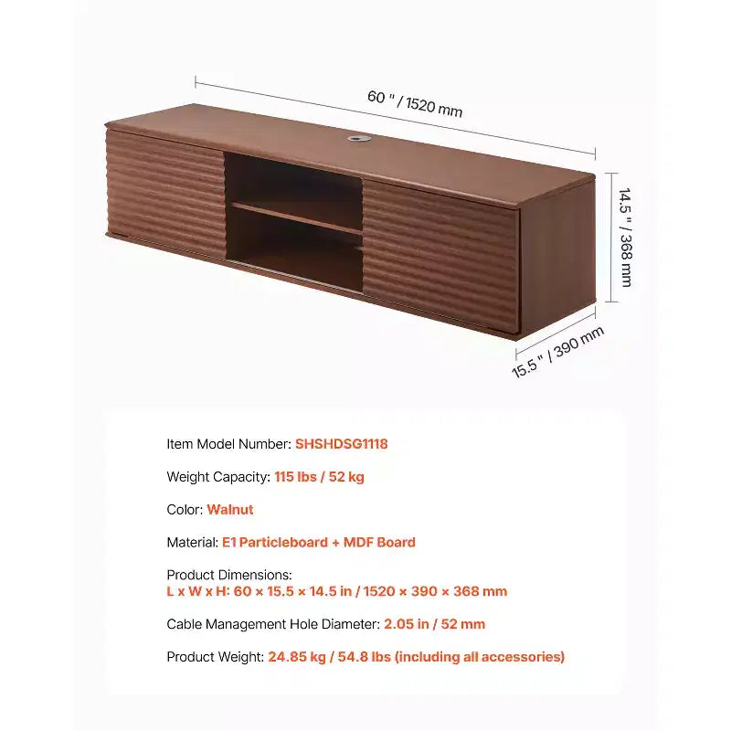 Meuble TV flottant VEVOR, meuble TV mural 60 avec étagère réglable et portes coulissantes, étagère TV flottante 2 niveaux, marron