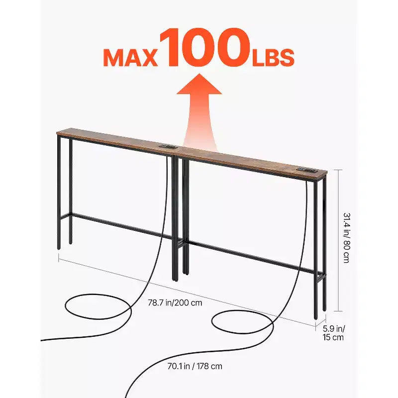VEVOR Table Console Étroite, Lot de 2 Tables d'Appoint Derrière le Canapé avec Prises de Courant, Table d'Entrée Longue à 1 Niveau, Table de Canapé Étroite avec Cadre en Métal, Noir