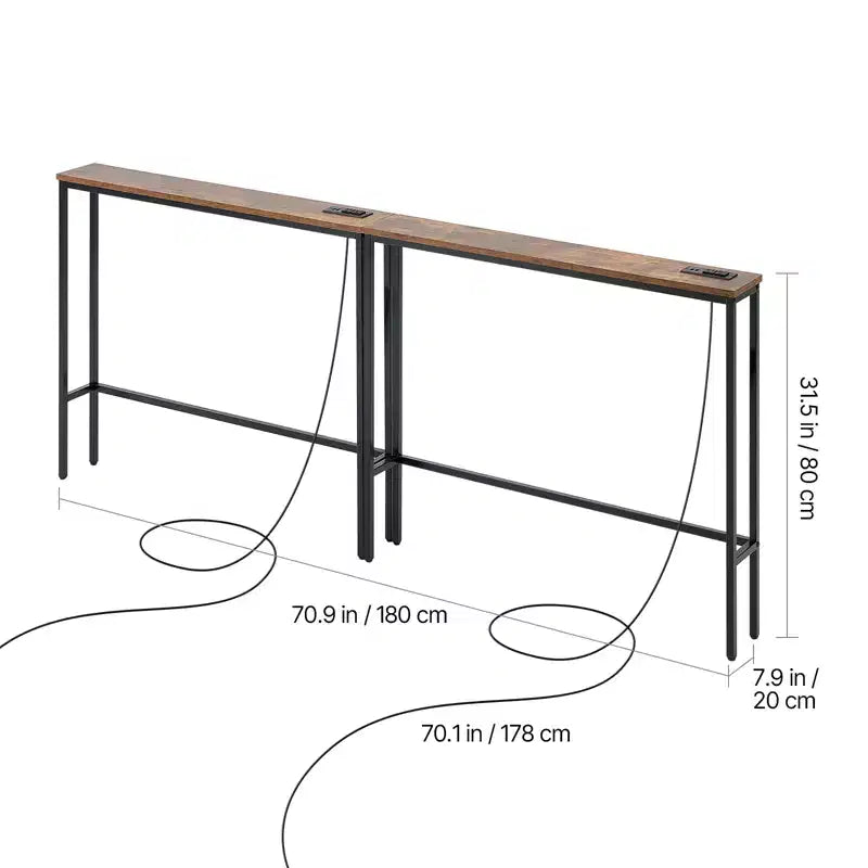 VEVOR Table Console Étroite, Lot de 2 Tables d'Appoint Derrière le Canapé avec Prises de Courant, Table d'Entrée Longue à 1 Niveau, Table de Canapé Étroite avec Cadre en Métal, Noir