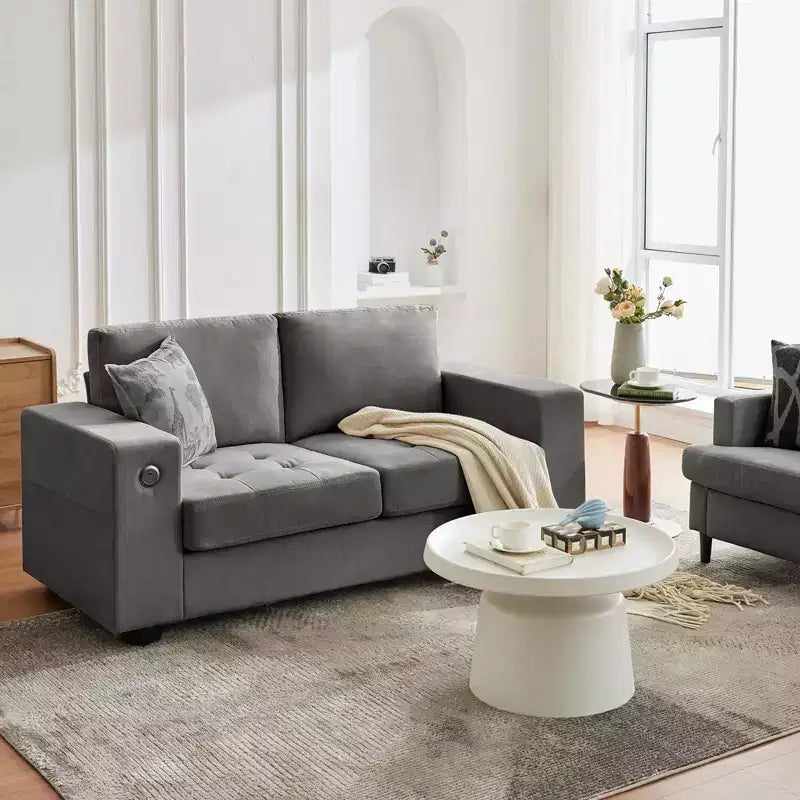 Canapé moderne 2 places en tissu avec cadre en bois massif, causeuse en chenille avec accoudoirs larges, coussin de canapé amovible