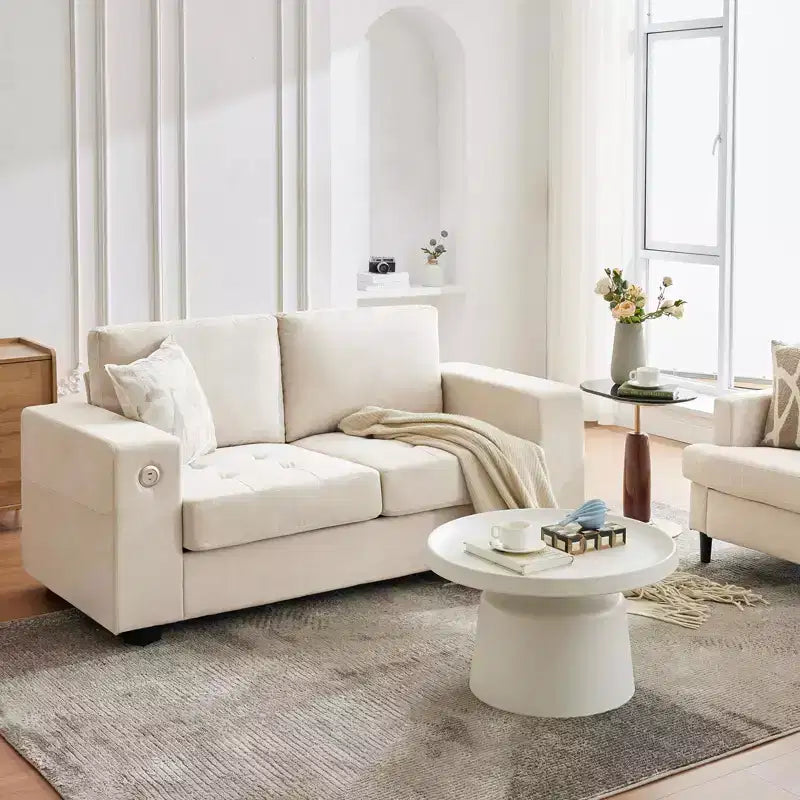 Canapé moderne 2 places en tissu avec cadre en bois massif, causeuse en chenille avec accoudoirs larges, coussin de canapé amovible