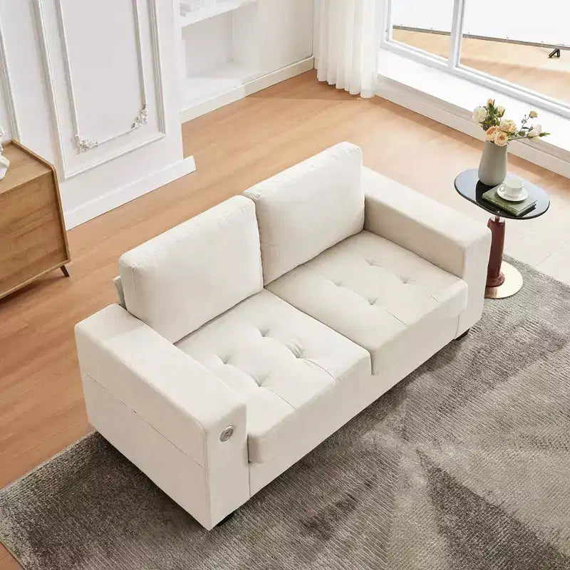 Canapé moderne 2 places en tissu avec cadre en bois massif, causeuse en chenille avec accoudoirs larges, coussin de canapé amovible