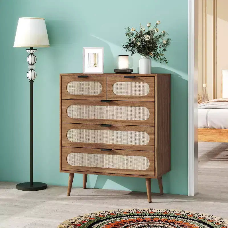 MAYEERTY Meuble de Rangement d'Appoint à 5 Tiroirs pour Salon, Chambre à Coucher, Salle à Manger, Noyer