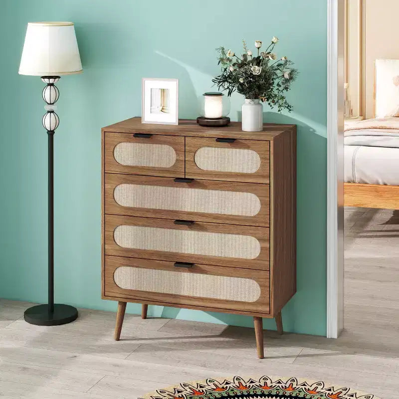 MAYEERTY Meuble de Rangement d'Appoint à 5 Tiroirs pour Salon, Chambre à Coucher, Salle à Manger, Noyer