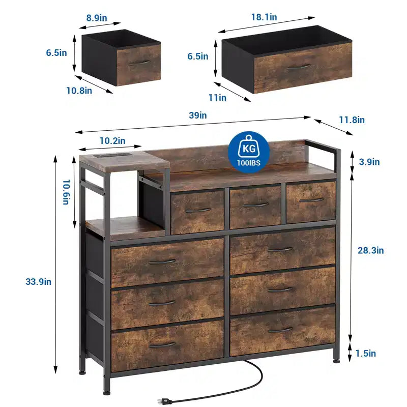 Commode à 9 tiroirs pour chambre à coucher, chiffonnier avec bacs en tissu, meuble TV, organisateur de rangement pour vêtements pour salon, couloir, chambre à coucher