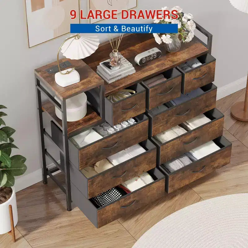 Commode à 9 tiroirs pour chambre à coucher, chiffonnier avec bacs en tissu, meuble TV, organisateur de rangement pour vêtements pour salon, couloir, chambre à coucher
