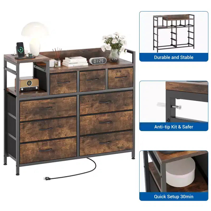 Commode à 9 tiroirs pour chambre à coucher, chiffonnier avec bacs en tissu, meuble TV, organisateur de rangement pour vêtements pour salon, couloir, chambre à coucher