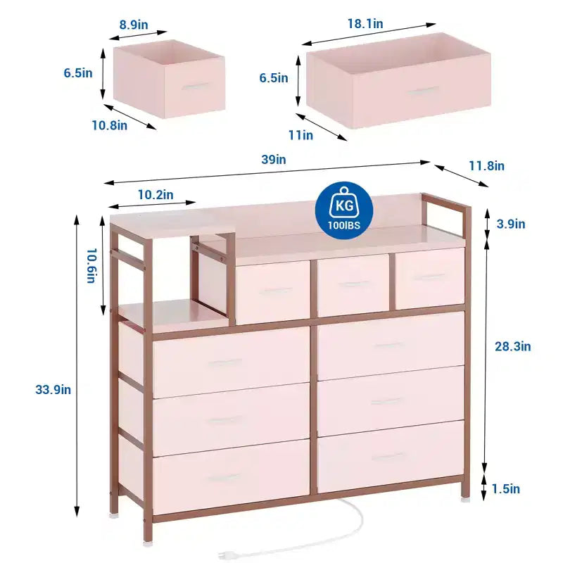 Commode à 9 tiroirs pour chambre à coucher, chiffonnier avec bacs en tissu, meuble TV, organisateur de rangement pour vêtements pour salon, couloir, chambre à coucher