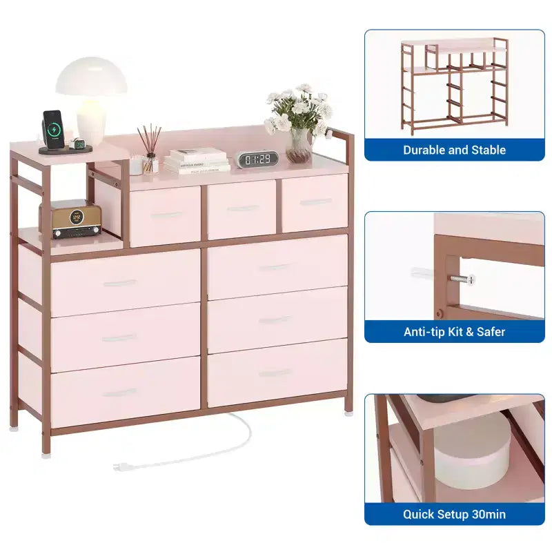 Commode à 9 tiroirs pour chambre à coucher, chiffonnier avec bacs en tissu, meuble TV, organisateur de rangement pour vêtements pour salon, couloir, chambre à coucher