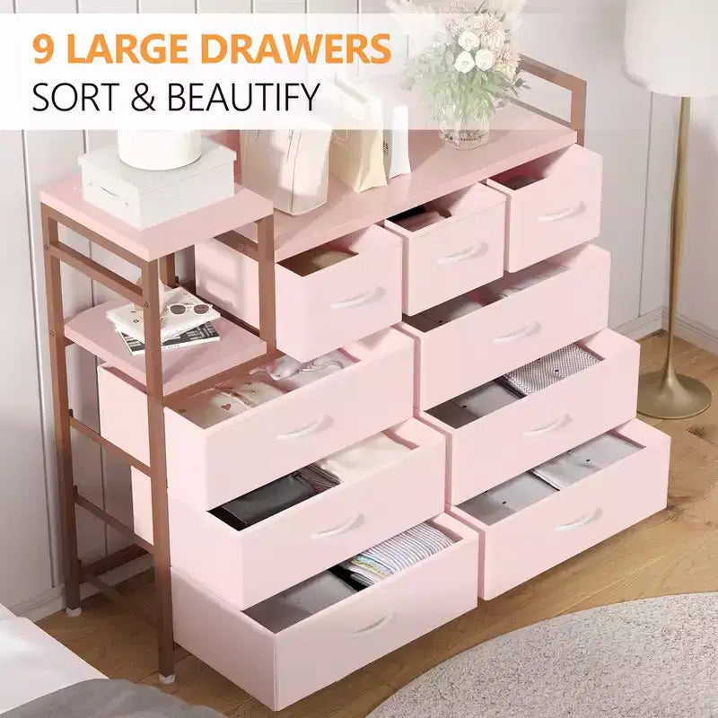 Commode à 9 tiroirs pour chambre à coucher, chiffonnier avec bacs en tissu, meuble TV, organisateur de rangement pour vêtements pour salon, couloir, chambre à coucher