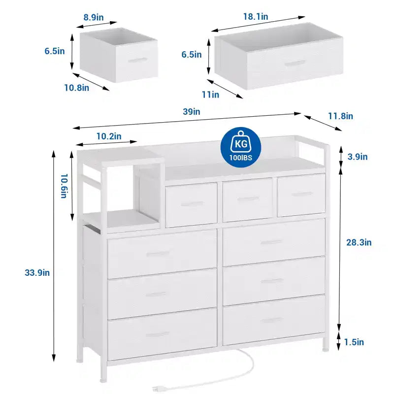 Commode à 9 tiroirs pour chambre à coucher, chiffonnier avec bacs en tissu, meuble TV, organisateur de rangement pour vêtements pour salon, couloir, chambre à coucher