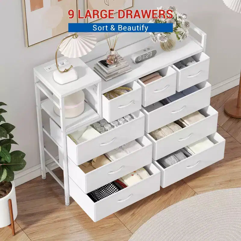 Commode à 9 tiroirs pour chambre à coucher, chiffonnier avec bacs en tissu, meuble TV, organisateur de rangement pour vêtements pour salon, couloir, chambre à coucher