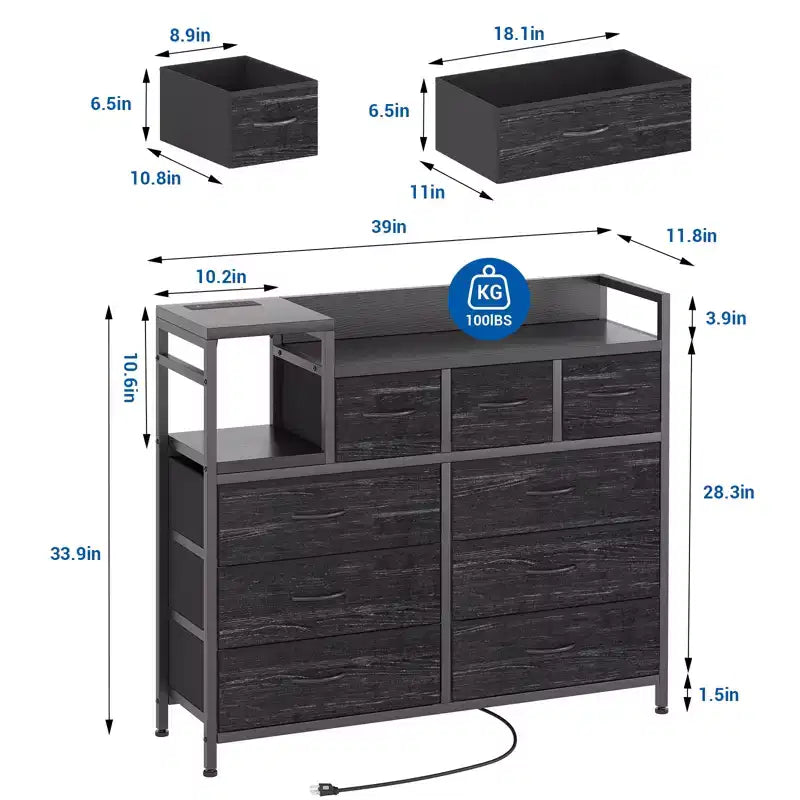 Commode à 9 tiroirs pour chambre à coucher, chiffonnier avec bacs en tissu, meuble TV, organisateur de rangement pour vêtements pour salon, couloir, chambre à coucher