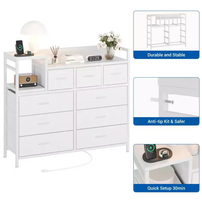 Commode à 9 tiroirs pour chambre à coucher, chiffonnier avec bacs en tissu, meuble TV, organisateur de rangement pour vêtements pour salon, couloir, chambre à coucher