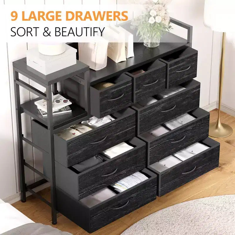 Commode à 9 tiroirs pour chambre à coucher, chiffonnier avec bacs en tissu, meuble TV, organisateur de rangement pour vêtements pour salon, couloir, chambre à coucher