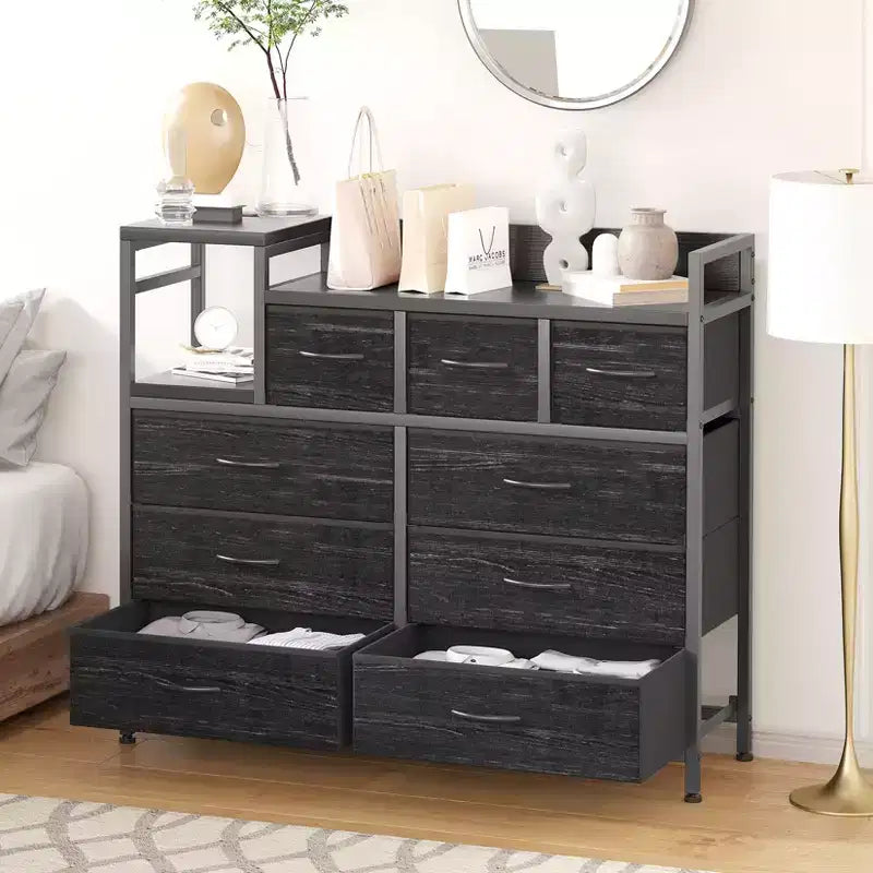 Commode à 9 tiroirs pour chambre à coucher, chiffonnier avec bacs en tissu, meuble TV, organisateur de rangement pour vêtements pour salon, couloir, chambre à coucher